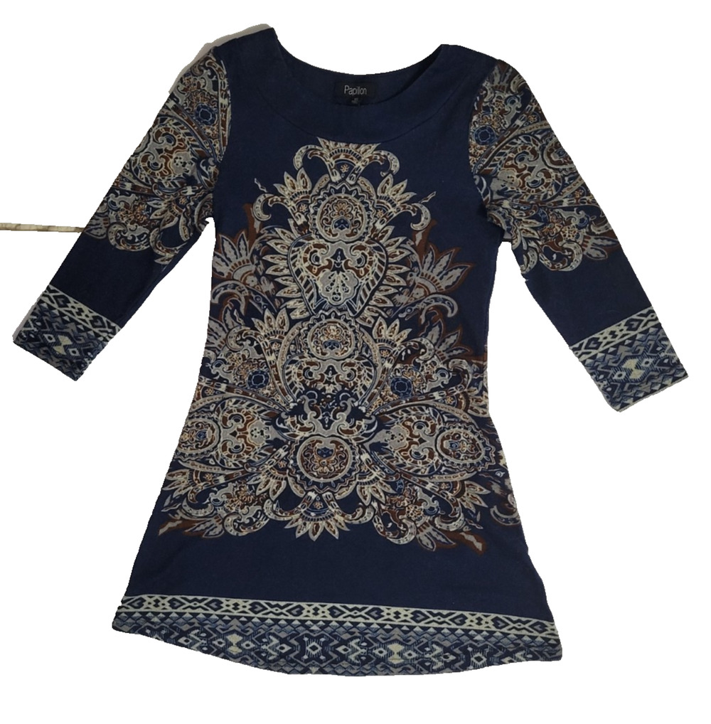 Papillon Womens XS Navy Paisley Sweater Dress 3/4 Sleeve Boho Whimsigoth